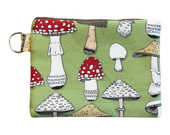 Mushroom coin purse, Cottagecore pouch, Amanita linen cotton ditty bag, forager gift, 6" x 4.5"