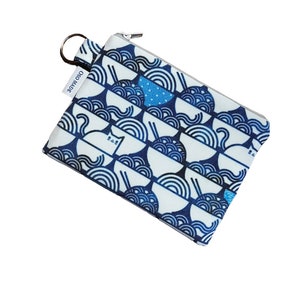 Cat and ramen print coin purse, cat and noodle blue and white pouch, zipper bag, 6 x 4.5 image 1