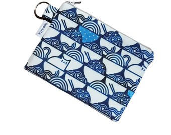 Cat and ramen print coin purse, cat and noodle blue and white pouch,  zipper bag, 6" x 4.5"