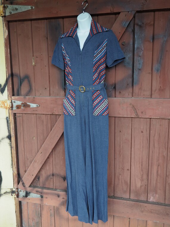 70s Belted Denim Jumpsuit With Colorful Embroidere