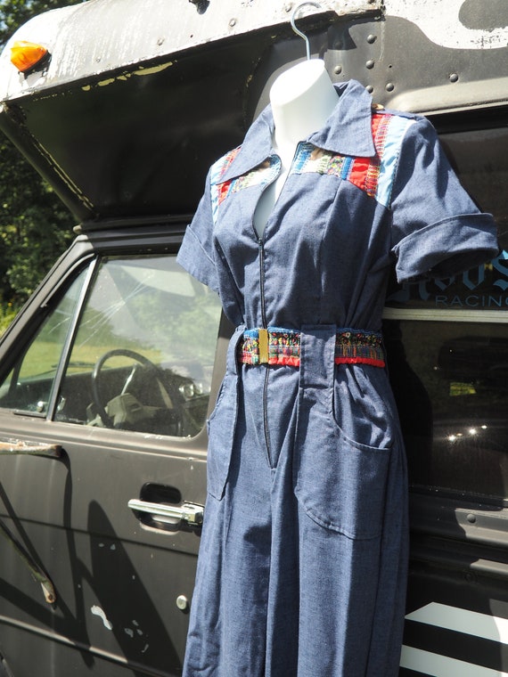 60s 70s Denim Jumpsuit With Belt And Gorgeous Appl