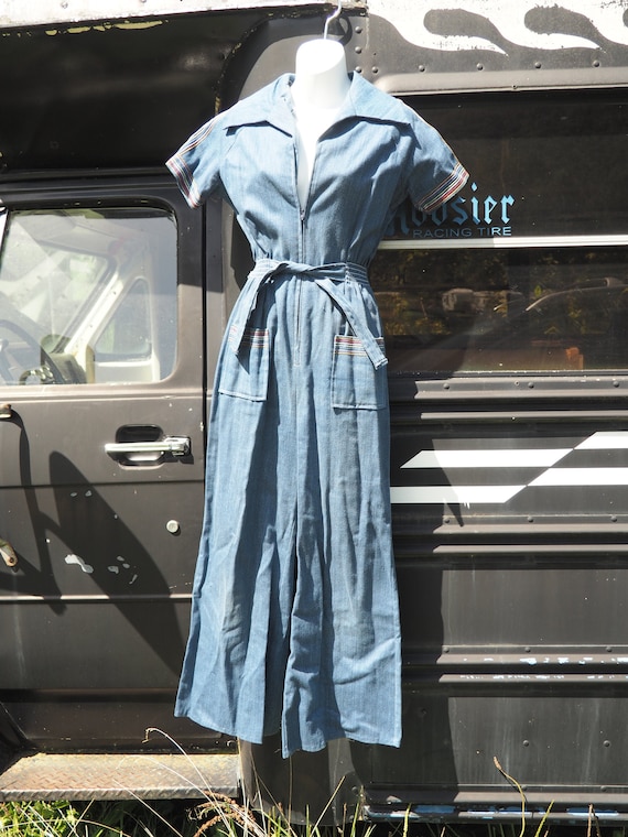 Mad Rags Brand 70s Denim Jumpsuit Rainbow Stitchin