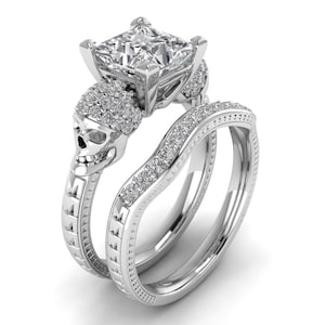 1.50Ct Princess Cut Diamond 2-Skull Gothic Halloween Ring Matching Band Hip-Hop 925 Sterling Silver, Bridal Ring Set, Engagement Ring Set