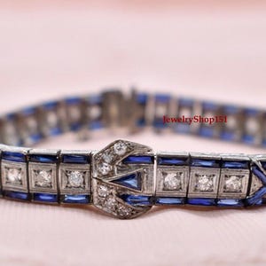 Statement Sapphire & Diamond Buckle Bracelet In Solid 925 Sterling Silver| Women Art Deco Bracelet| Vintage Bracelet