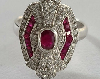 Antique Art Deco Ring, Vintage Ring, Ruby & Diamonds Ring, Engagement / Wedding Ring, Solid 925 Sterling Silver Ring, Women's Ring