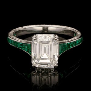 Art Deco Emerald Cut Moissanite Ring / Vintage Style Ring / Green Emerald Ring / 925 Sterling Silver Ring / White Gold Ring /