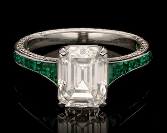 Art Deco Emerald Cut Moissanite Ring, Green Stone, Sterling Silver