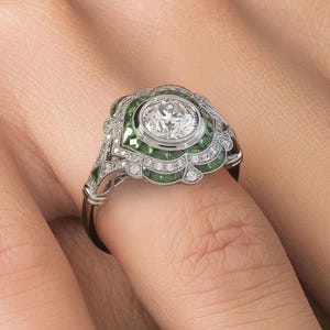 Vintage Art Deco Engagement Ring / Vintage Style Ring / Green Emerald Ring / Sapphire Diamond Engagement Ring / 925 Sterling Silver Ring /