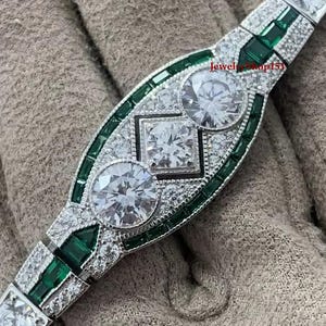 Elegant Vintage Emerald & Diamond Wedding Bracelet In Solid 925 Sterling Silver| Women Art Deco Bracelet| Vintage Bracelet