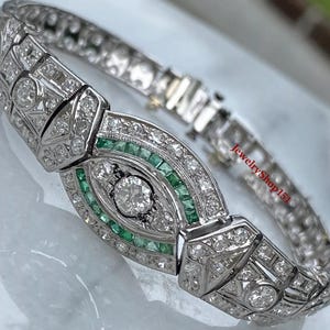 Antique Art Deco Emerald & Diamond Wedding Bracelet In Solid 925 Sterling Silver| Women Art Deco Bracelet| Vintage Bracelet