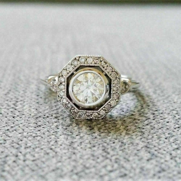 Bague de fiançailles art déco antique avec halo de diamants blancs ronds de 2 carats en argent sterling 925 pour femme