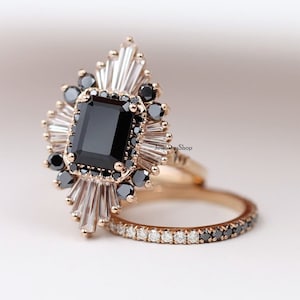 Emerald Cut Black Moissanite Diamond Ring Set, Diamonds Ring Set, Engagement / Wedding Ring Set, Rose Gold Ring, Unique Ring Set,