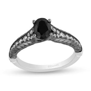 Enchanted Disney Villains Maleficent 0.55ct Oval Cut Black Moissanite & Round Cut White CZ Diamond Engagement Ring in 925 Sterling Silver