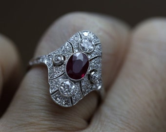 Bague ancienne Art Déco en rubis, argent sterling, halo CZ