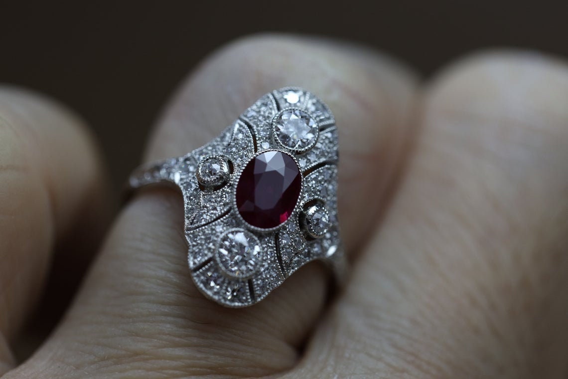 Bague Art Déco En Argent Avec Rubis Et Zirconium - Taille 52, Bague Ancienne Occasion