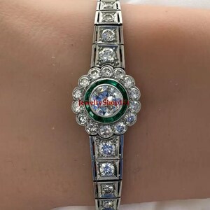 Vintage Estate Emerald & Diamond Wedding Bracelet In Solid 925 Sterling Silver| Women Art Deco Bracelet| Vintage Bracelet