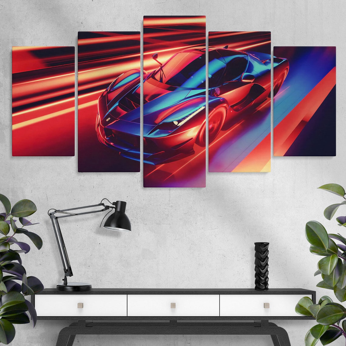 Neon Supercar Racing Car Painting Wall Art Artistic Race Etsy