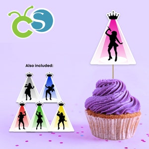 May include: A set of cupcake toppers featuring a silhouette of a singer with a microphone in front of a spotlight. The toppers are available in six different colors: pink, gray, blue, red, green, and yellow. Also included: "Also included:"