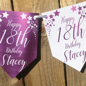 Foil Effect Personalised Birthday Banner Bunting Any Name and age 18th 21st Purple