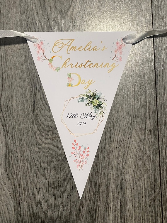 Mint Green & White Personalized Christening Bunting Banner – Custom Name Décor For Baby's Big Day