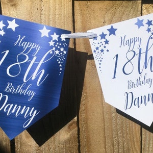 Foil Effect Personalised Birthday Banner Bunting Any Name and age 18th 21st Blue