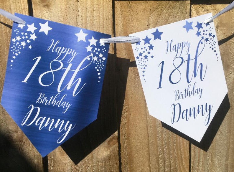 Foil Effect Personalised Birthday Banner Bunting Any Name and age 18th 21st Blue