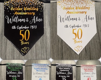 Glitter Effect Personalised Wedding Anniversary Banner Bunting Golden Silver Ruby Diamond Emerald Sapphire