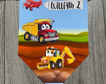 Personalised Birthday bunting Digger Construction Banner