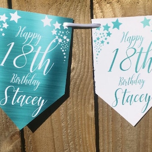 Foil Effect Personalised Birthday Banner Bunting Any Name and age 18th 21st Turquoise