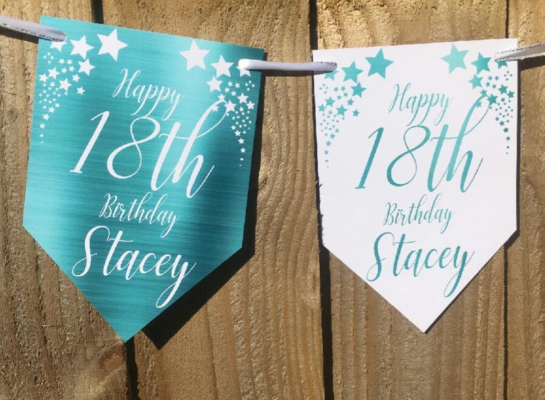 Foil Effect Personalised Birthday Banner Bunting Any Name and age 18th 21st Turquoise