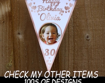Foil Effect Personalised Birthday Photo Banner Bunting Any Name and age 18th  21st MORE COLOURS AVAILABLE More styles Available
