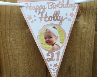 2 Striscioni Personalizzati Per Compleanno Con Foto - Motivi Oro, Champagne E Stelle, Per 18° 21° 30° 40° 50° 60° 70°