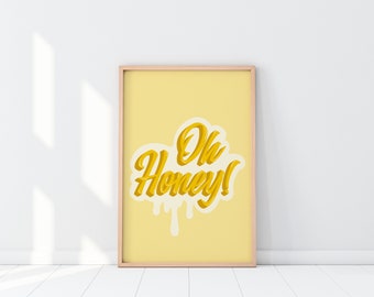 Oh Honey Print, Yellow Wall Art, Printable Wall Art, Minimalist Art, Hand Lettering, Typography Print