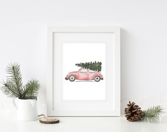 Christmas Car Print, Christmas Tree Print, Christmas Print, Christmas Wall Art, Holiday Art, Christmas Décor, Printable Art, Watercolour Art