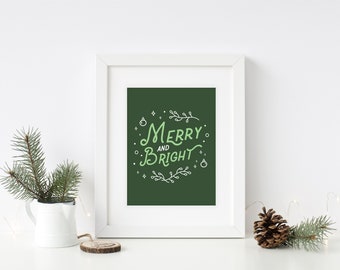 Merry and Bright Print, Christmas Print, Christmas Wall Art, Holiday Print, Holiday Art, Christmas Décor, Printable Art, Christmas Quote