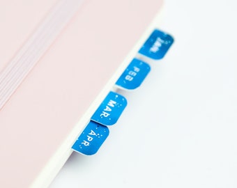 May include: A pink notebook with blue tabs labeled "APR", "MAR", "FEB", and "JAN".