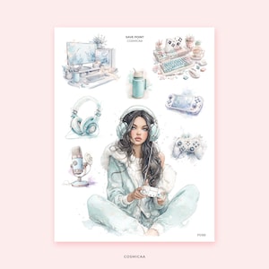 Peut inclure: Illustration à l'aquarelle d'une femme avec un casque, entourée d'accessoires de jeu tels qu'un clavier, une manette et un casque. L'image a une palette de couleurs pastel avec le texte "SAVE POINT COSMICAA".