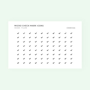 May include: A white sheet with black check marks arranged in a grid pattern. The text "MICRO CHECK MARK ICONS" and "MC028 - FILLED" is at the top of the sheet. The text "COSMICAA" is at the top right corner of the sheet.
