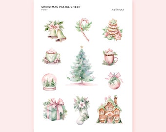 Christmas Pastel Cheer - Planner Stickers, watercolor christmas stickers, watercolor, christmas items, candycane, gifts, bell, house, cookie