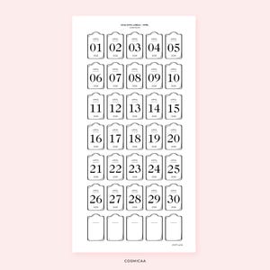 May include: A white sheet of April 2024 date labels. Each label has a unique shape, displaying numbers from 01 to 30, the month "April", and the year "2024". The labels are arranged in rows and columns on a white background.