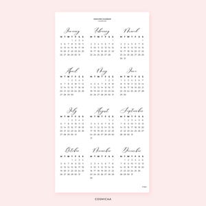 May include: A minimalist 2026 mini calendar with a vertical layout. Each month is displayed with a cursive font, featuring the days of the week and corresponding dates. The calendar is printed on a white background with the brand name "COSMICAA" at the bottom.