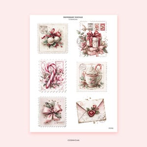 Peut inclure: Une feuille de timbres-poste sur le thème de Noël, de style aquarelle. Les timbres présentent des motifs festifs tels que des cadeaux emballés, des cannes en bonbon, des ornements et une tasse de chocolat chaud, tous ornés de rubans et de houx. Le texte "Peppermint Postage" et "Cosmicaa" est visible.