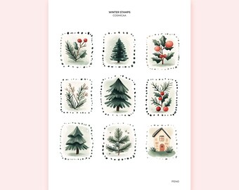 May include: A sheet of winter-themed stamps with watercolor illustrations. The stamps feature images of evergreen trees, holly with red berries, and a small house. The text "WINTER STAMPS" and "COSMICAA" are printed at the top and bottom.