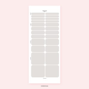 May include: A vertical white planner page with light gray time block sections. The top of the page reads "TIME BLOCKS PS24". The time blocks are labeled in increments from 30 min to 4 hours. The bottom of the page has the text "COSMICAA".