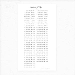May include: A white sticker sheet featuring black text for January and February dates. Each line lists the day number, month, a small scissors icon, and the day of the week. The top includes the text cosmicana studios and the bottom reads 2027 DATED LABELS.