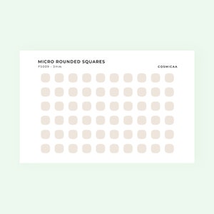 Puede incluir: Una hoja de papel blanco con el texto "MICRO ROUNDED SQUARES" y "FS009 - 3mm" impreso en la parte superior. La hoja está llena de una cuadrícula de 6 filas y 10 columnas de pequeños cuadrados redondeados de color beige.