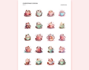 May include: A sheet of stickers featuring watercolor illustrations of Christmas cocoa. Each cup is decorated with whipped cream, marshmallows, and festive accents. The text "Christmas Cocoa" and "Cosmicaa" are visible.