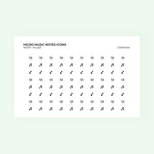 Peut inclure: Une feuille d'icônes de notes de musique noires sur fond blanc. Les icônes sont disposées en grille. Le texte "MICRO MUSIC NOTES ICONS" et "MC077 - FILLED" est en haut de la feuille. Le texte "COSMICAA" est en haut à droite de la feuille.