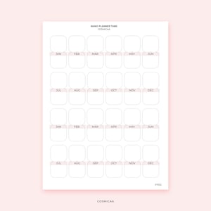 May include: A white planner tab sheet with the text "NANO PLANNER TABS" and "COSMICAA". The sheet has 30 rectangular tabs labeled with the months of the year. The tabs are in a light pink colour.