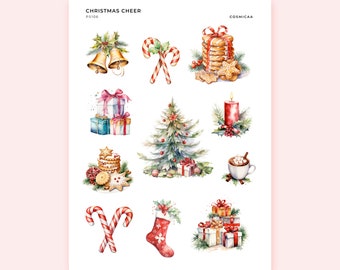 Christmas Cheer - Planner Stickers, watercolor christmas stickers, watercolor, christmas items, candycane, gifts, bell, house, cookie